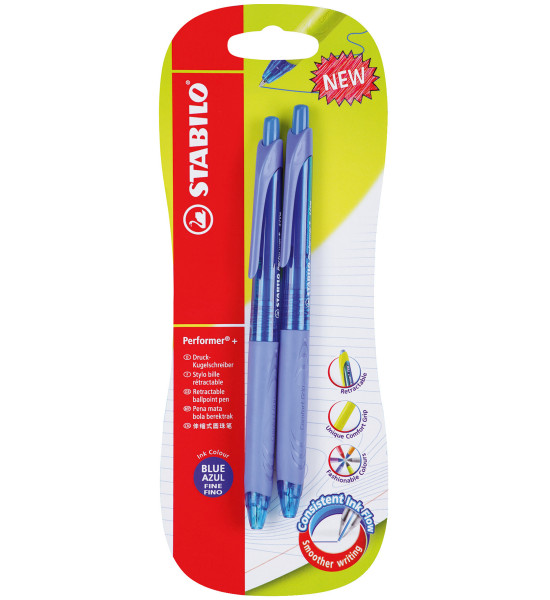 Bolígrafo Retractil, Performer+ Grip, Punta Fina 0.38 mm, Azul, Pack x 2 Unds.